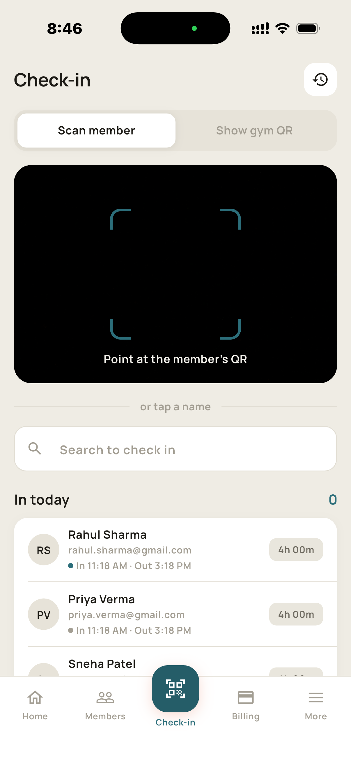 GymCRM check-in screen