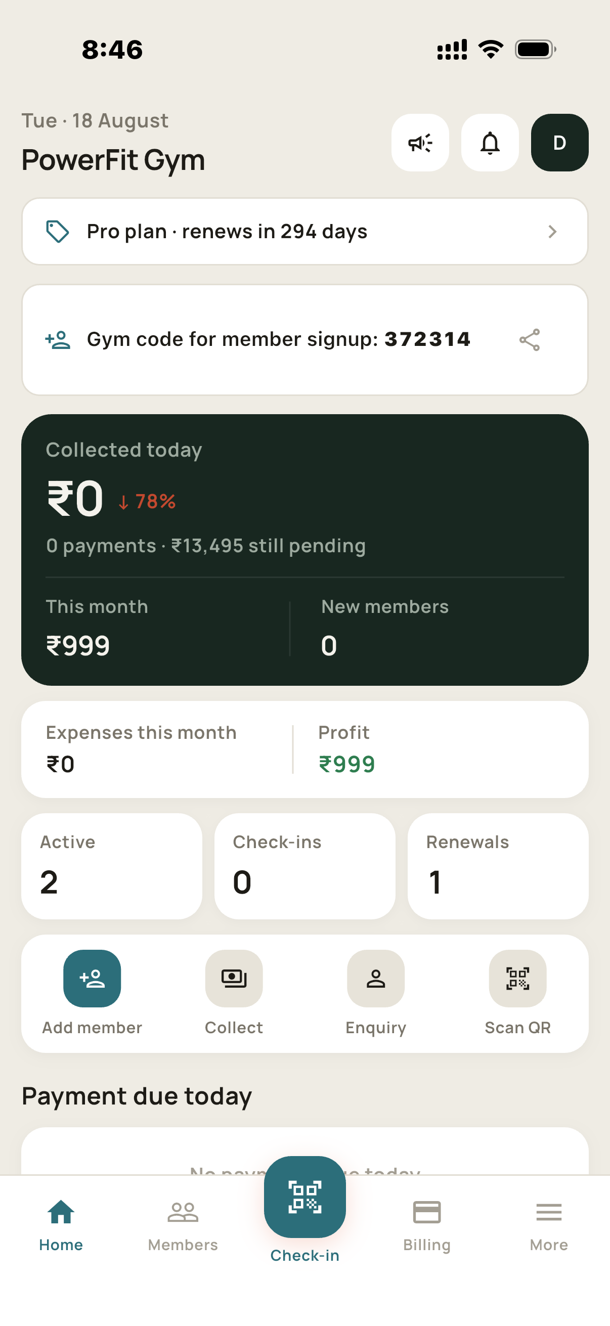 GymCRM dashboard screen